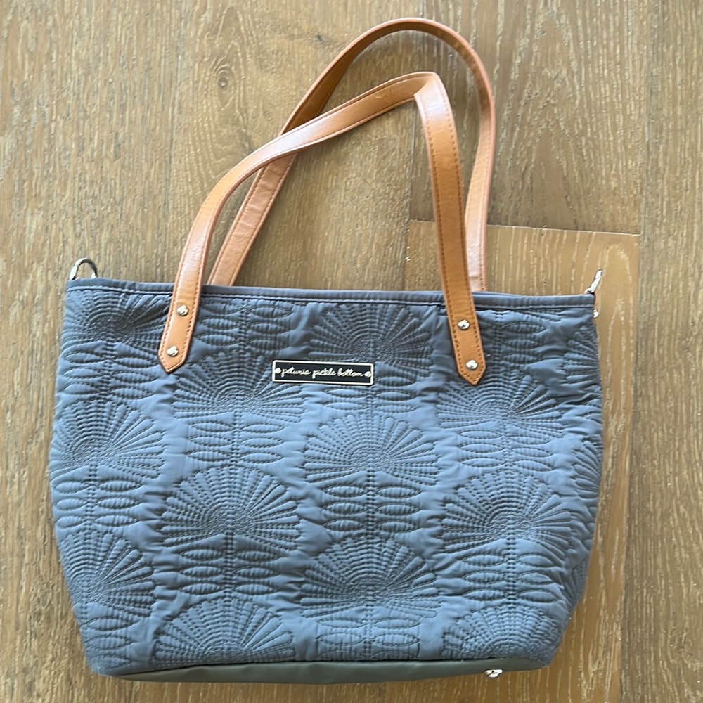 Petunia Pickle Bottom tote bag. Gray with brown handles